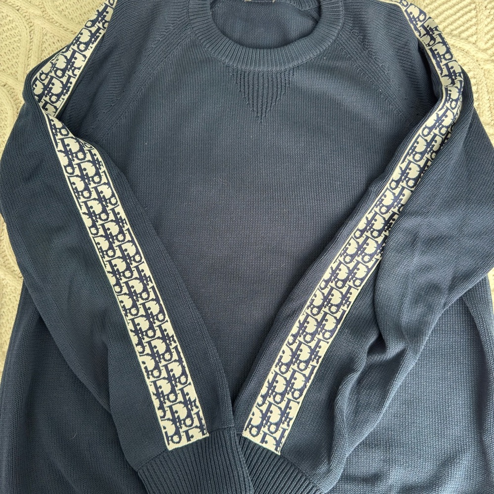 Men's Dior Blue Sweater with Patterned Sleeves
